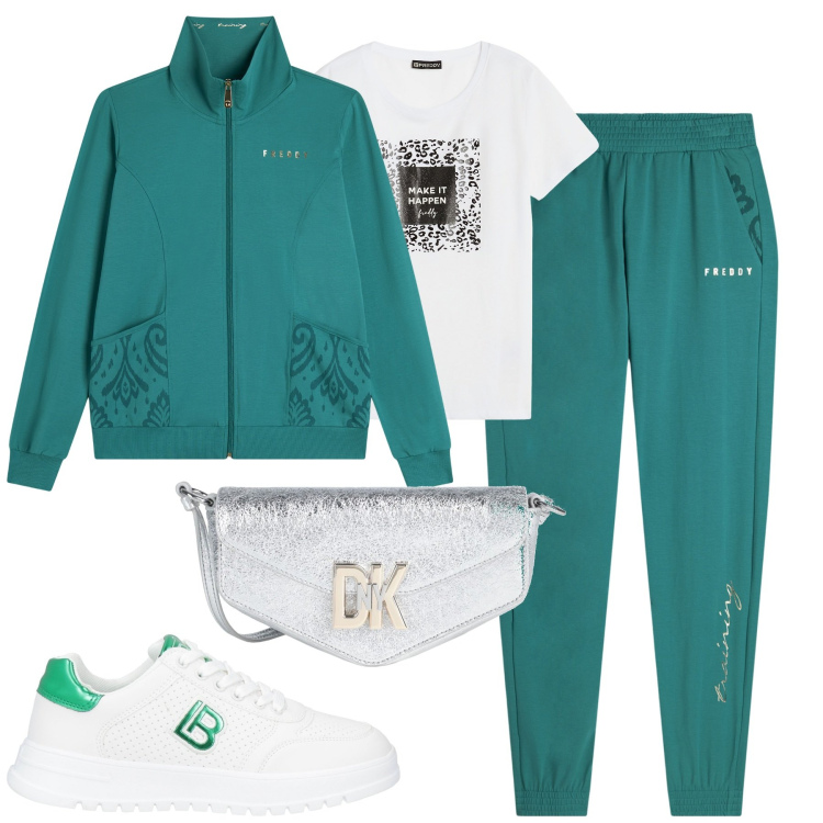 Outfit donna - Freddy. Stile Casual per Tutti i giorni. Abbinamento con sneakers, borse a tracolla, pantaloni, felpe, t-shirt.