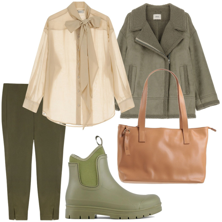 Outfit donna - I colori della terra. Stile Casual chic per Ufficio. Abbinamento con borse a mano, blazer, camicie, stivali, pantaloni skinny.