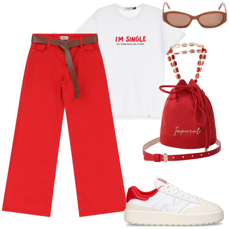 Outfit donna - Red. Stile Urban per Tutti i giorni. Abbinamento con pantaloni, t-shirt, borse a secchiello, sneakers, occhiali da sole.