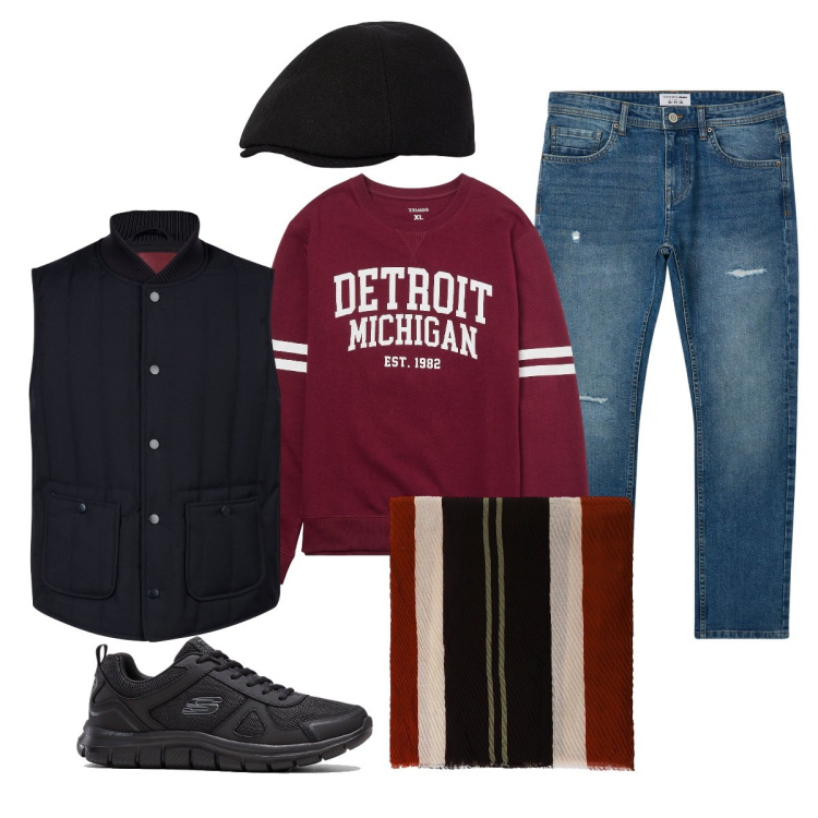 Outfit uomo - Total look #2067948. Stile Casual per Tutti i giorni. Abbinamento con sneakers, felpe, jeans strappati, sciarpe e foulard, piumini, cappelli e berretti.