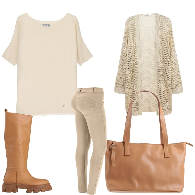 Outfit donna - Dinamica tutti i giorni. Stile Casual per Tutti i giorni. Abbinamento con stivali, borse a mano, kimono, maglieria, pantaloni skinny.