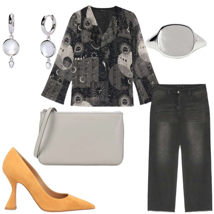 Outfit donna - La blusa con rouches. Stile Glamour per Ufficio. Abbinamento con décolleté, borse a tracolla, orecchini, anelli, bluse, jeans.