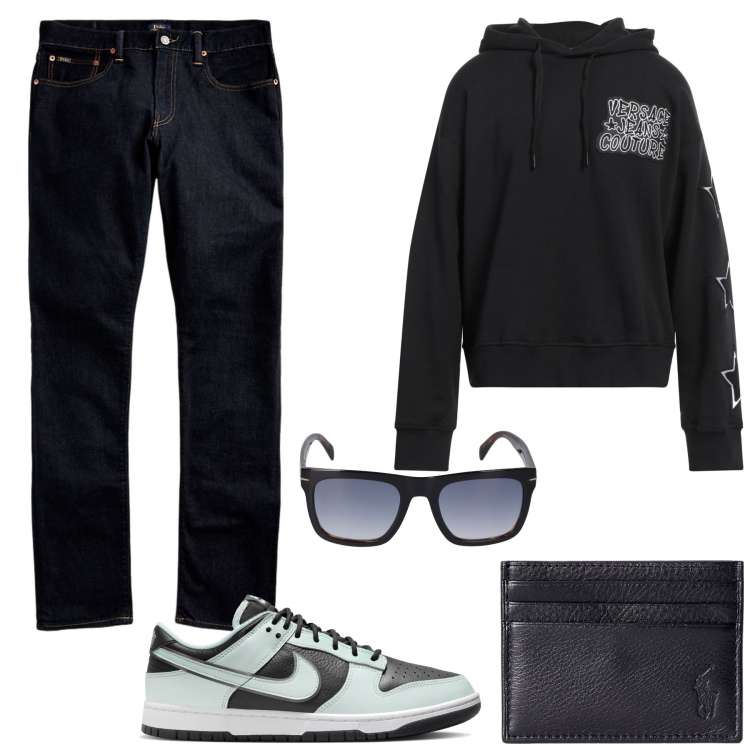 Outfit uomo - Occhiali Trendy. Stile Trendy per Tutti i giorni. Abbinamento con felpe con cappuccio, jeans, portafogli, occhiali da sole, sneakers.