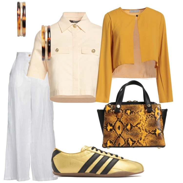Outfit donna - In città. per Tutti i giorni. Abbinamento con pantaloni, blazer, borse a mano, camicie a manica corta, orecchini, sneakers.