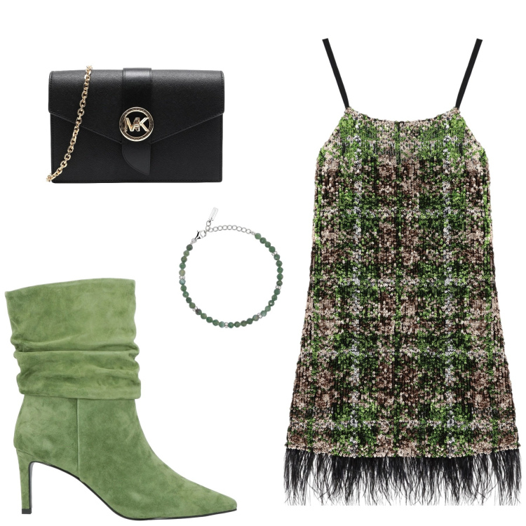 Outfit donna - Green. Stile Etnico per Serata fuori. look ideale per Petite. Abbinamento con stivaletti, borse a tracolla, braccialetti, vestiti.