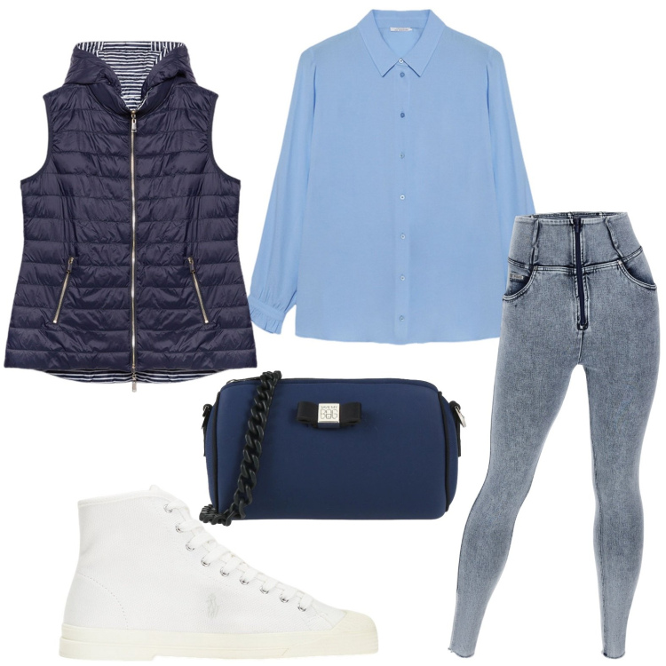 Outfit donna - Comoda. Stile Casual chic per Tutti i giorni. Abbinamento con borse a tracolla, jeans skinny, sneakers alte, camicie, piumini.