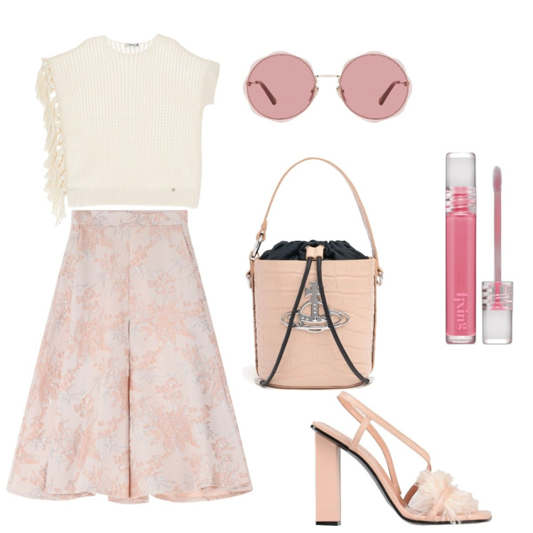 Outfit donna - Boho day. Stile Romantica per Tutti i giorni. Abbinamento con sandali in pelle, occhiali da sole, rossetti, maglieria, gonne, borse a mano.