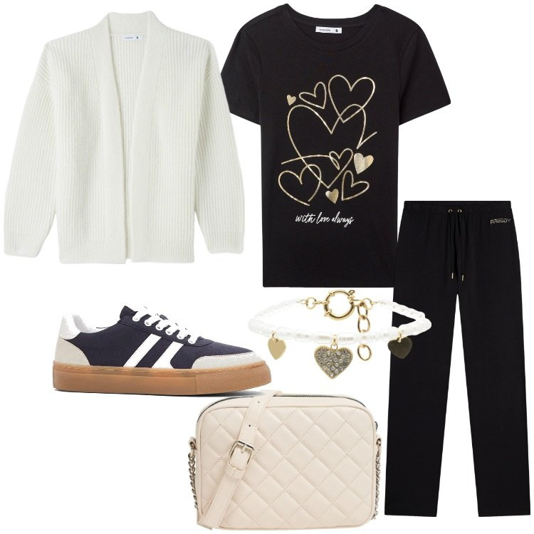Outfit donna - Easy. Stile Casual per Scuola/Università. Abbinamento con sneakers, t-shirt, cardigans, borse a tracolla, braccialetti, pantaloni.