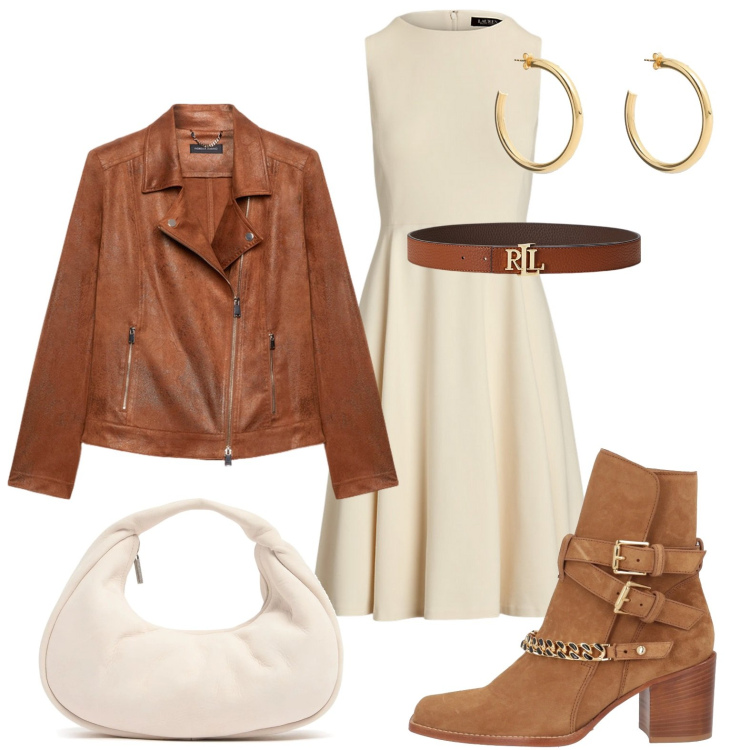 Outfit donna - Country. Stile Chic per Ufficio. Abbinamento con stivaletti, vestiti senza maniche, cinture, blazer, borse a mano, orecchini.