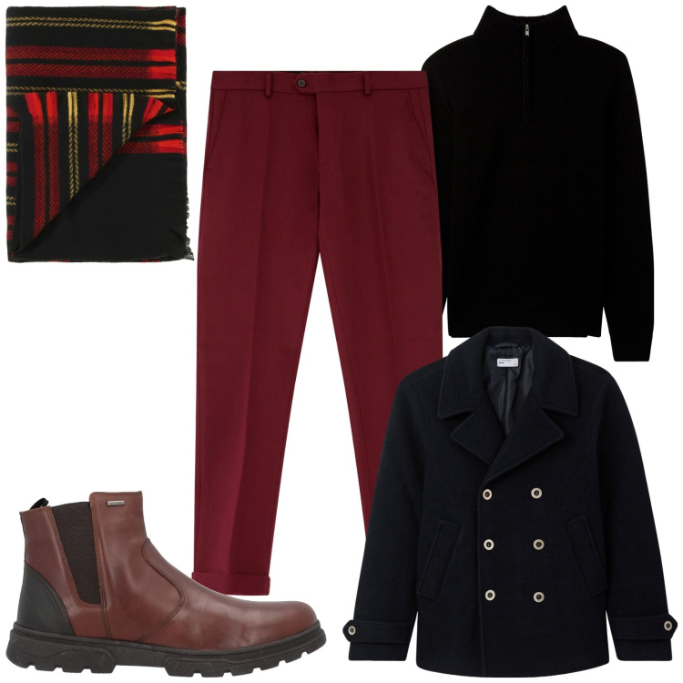 Outfit uomo - Total look #2068005. Stile Casual per Serata speciale. Abbinamento con stivali e stivaletti, cappotti, maglieria, pantaloni, sciarpe.