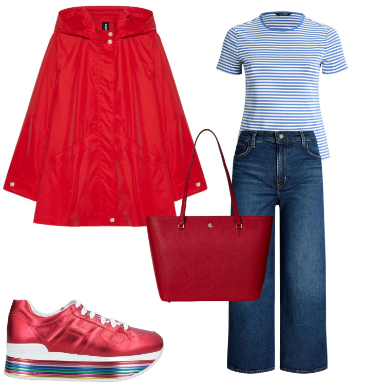 Outfit donna - Giornata di pioggia. per Tutti i giorni. Abbinamento con sneakers, borse tote, t-shirt, jeans, parka.