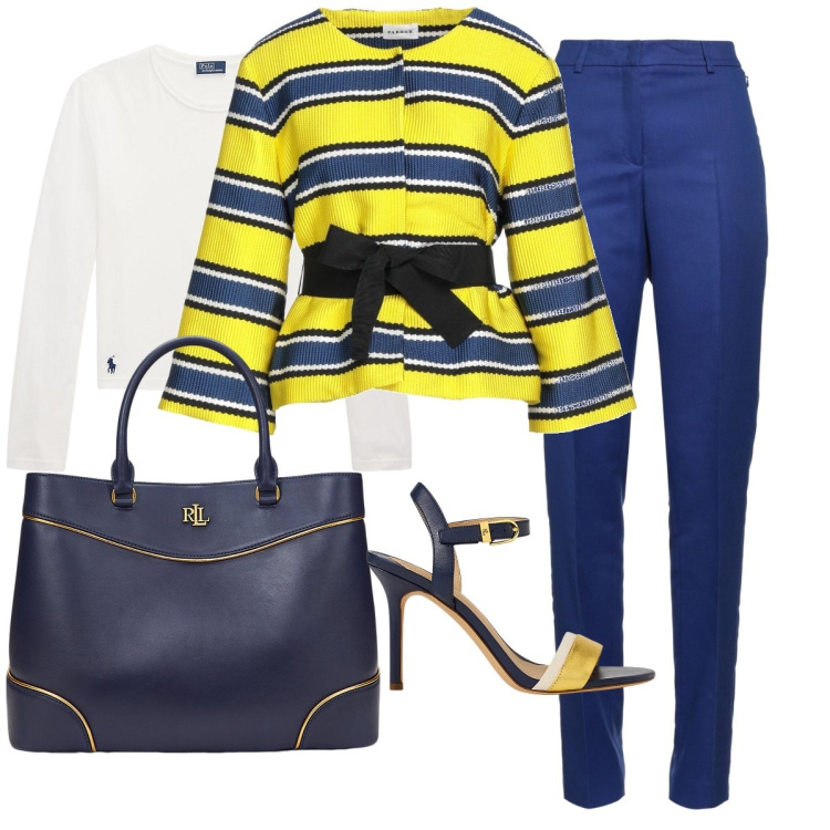 Outfit donna - Ad un aperitivo. Stile Bon Ton per Tutti i giorni. Abbinamento con blazer, pantaloni, t-shirt, borse a mano, sandali in pelle.