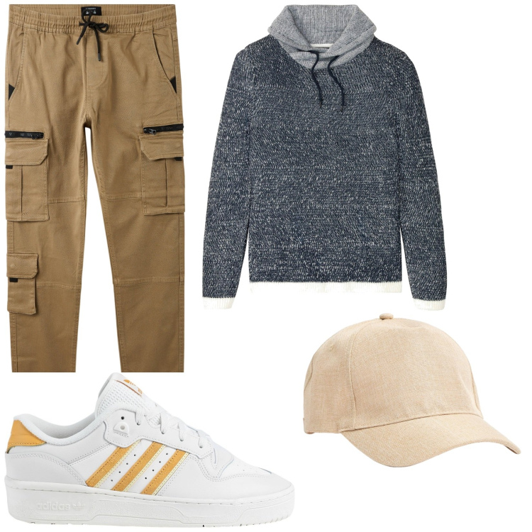Outfit uomo - Total look #2068015. Stile Casual per Tutti i giorni. Abbinamento con maglieria, sneakers, cappelli, pantaloni cargo.