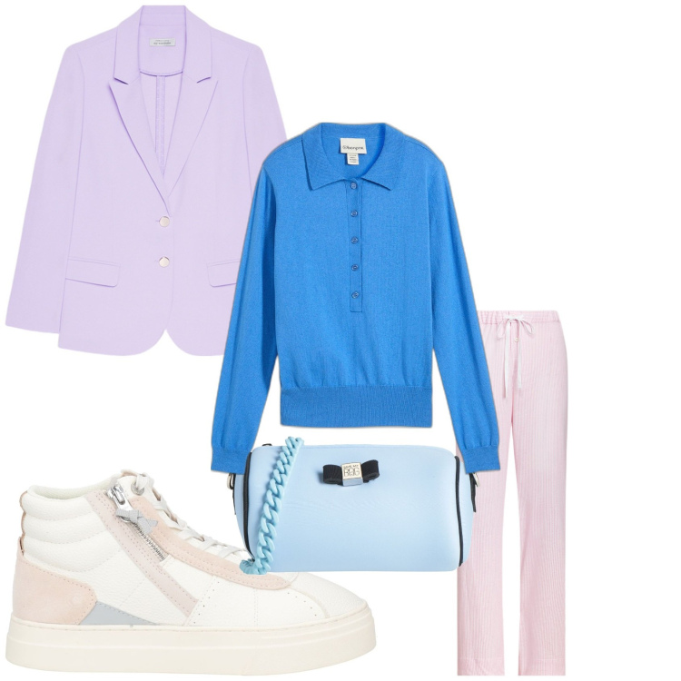 Outfit donna - Di sera con i toni pastello. Stile Casual chic per Serata fuori. Abbinamento con polo, sneakers alte, borse a tracolla, pantaloni, blazer.