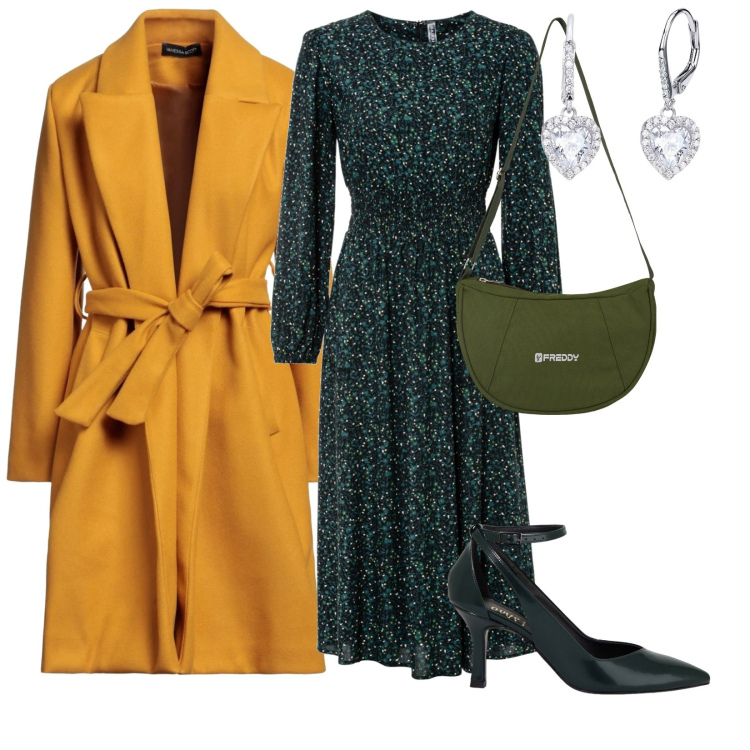 Outfit donna - Facciamo colazione insieme. per Tutti i giorni. Abbinamento con vestiti midi/longuette, cappotti, orecchini, borse a spalla, décolleté.