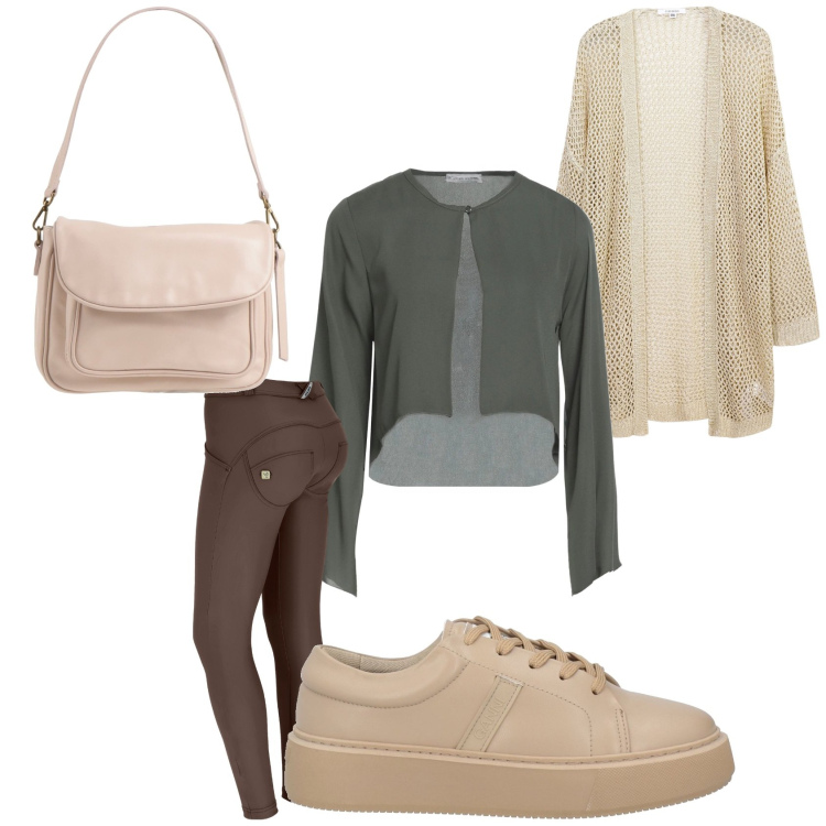 Outfit donna - La terra. Stile Casual per Tutti i giorni. Abbinamento con sneakers, blazer, borse a spalla, kimono, pantaloni skinny.