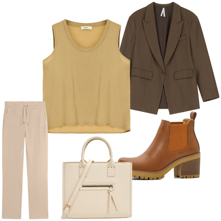 Outfit donna - Total look #2068033. Stile Casual per Tutti i giorni. Abbinamento con stivaletti chelsea, shopping bag, blazer, pantaloni, canottiere.