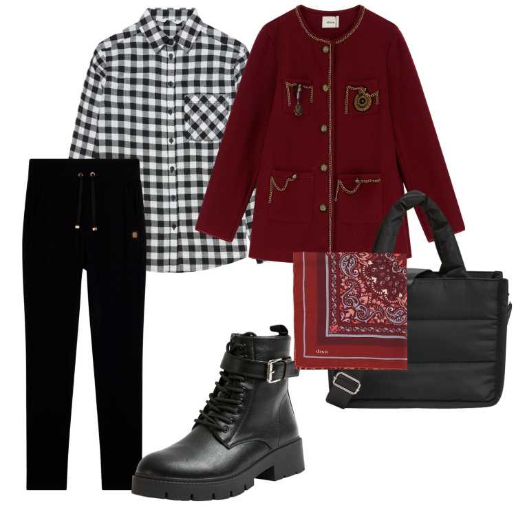 Outfit donna - La giacca bordeaux. per Tutti i giorni. Abbinamento con shopping bag, anfibi, camicie, blazer, foulard, pantaloni.