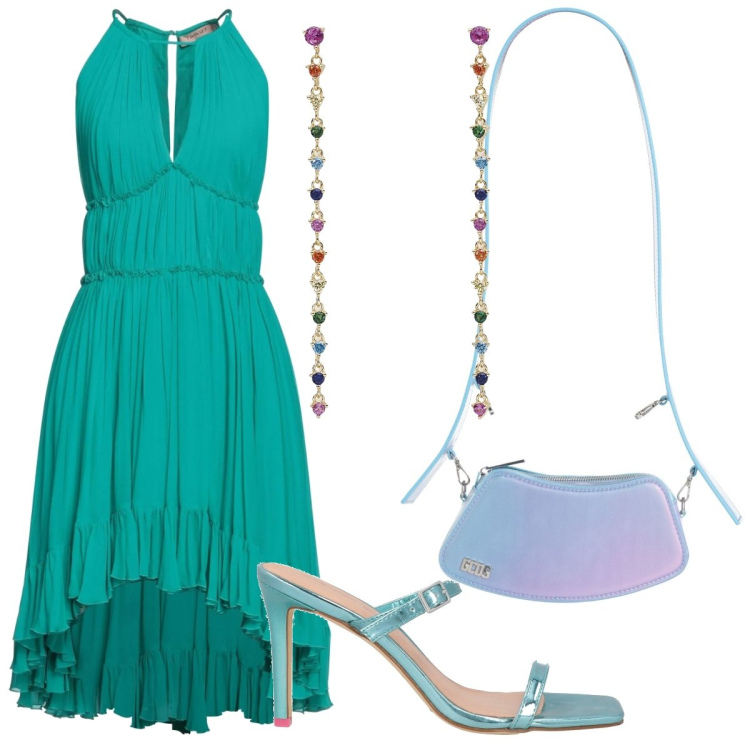 Outfit donna - Verde smeraldo. Stile Chic per Cerimonia. Abbinamento con vestiti midi/longuette, borse a spalla, sandali in pelle, orecchini.