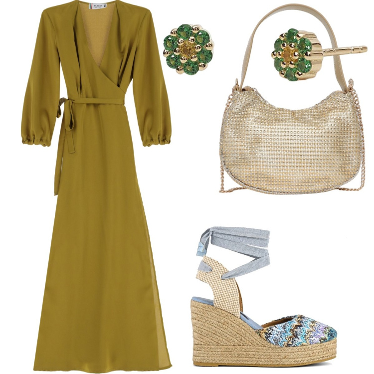 Outfit donna - Abito Please. Stile Casual chic per Tutti i giorni. Abbinamento con borse a spalla, orecchini, vestiti lunghi, sandali col tacco.