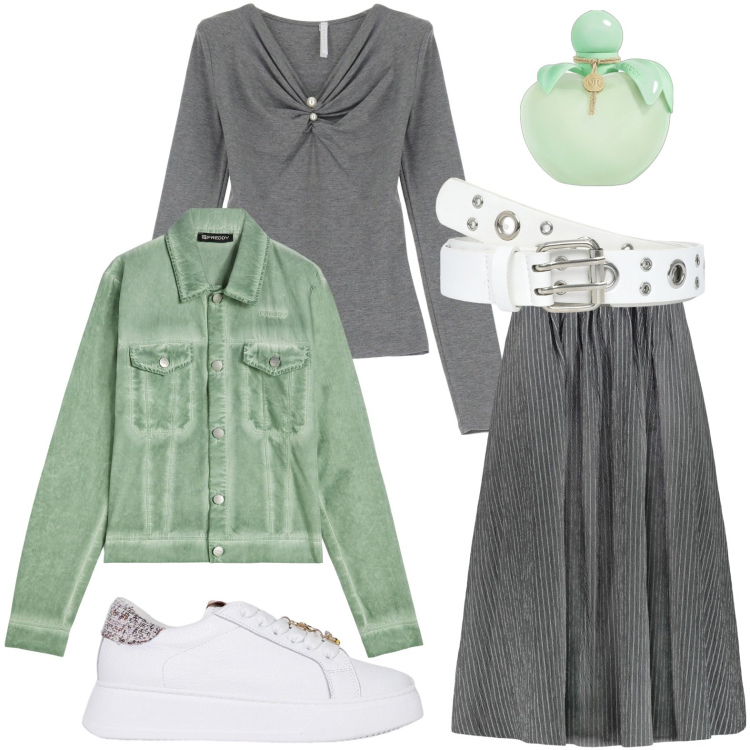 Outfit donna - La giacca ideale. Stile Casual chic per Tutti i giorni. Abbinamento con profumi, cinture, top, sneakers, blazer, gonne.