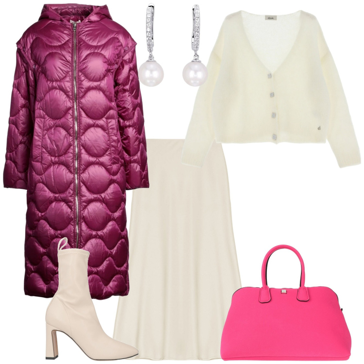 Outfit donna - Total look #2068108. Stile Bon Ton per Tutti i giorni. Abbinamento con stivaletti, piumini, borse a secchiello, orecchini, gonne longuette, cardigans.