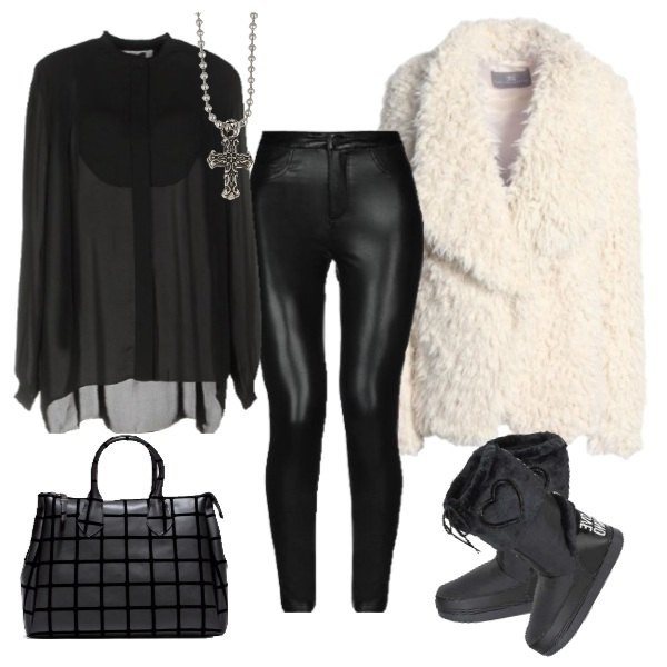 Outfit donna - Après-ski by night. Stile Trendy per Serata fuori. look ideale per Tall. Abbinamento con camicia collo tondo a maniche lunghe tinta unita, pantalone con zip in pelle sintetica tinta unita, ecopelliccia, stivali con lacci in ecopelle, borsa a tracolla a quadri con zip in velluto nero, collana 100% nichel fatto a mano.