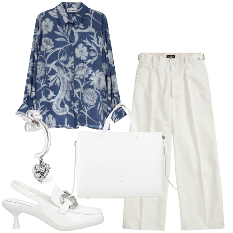 Outfit donna - Bianco. Stile Chic per Tutti i giorni. Abbinamento con décolleté, borse a mano, camicie, pantaloni, orecchini.