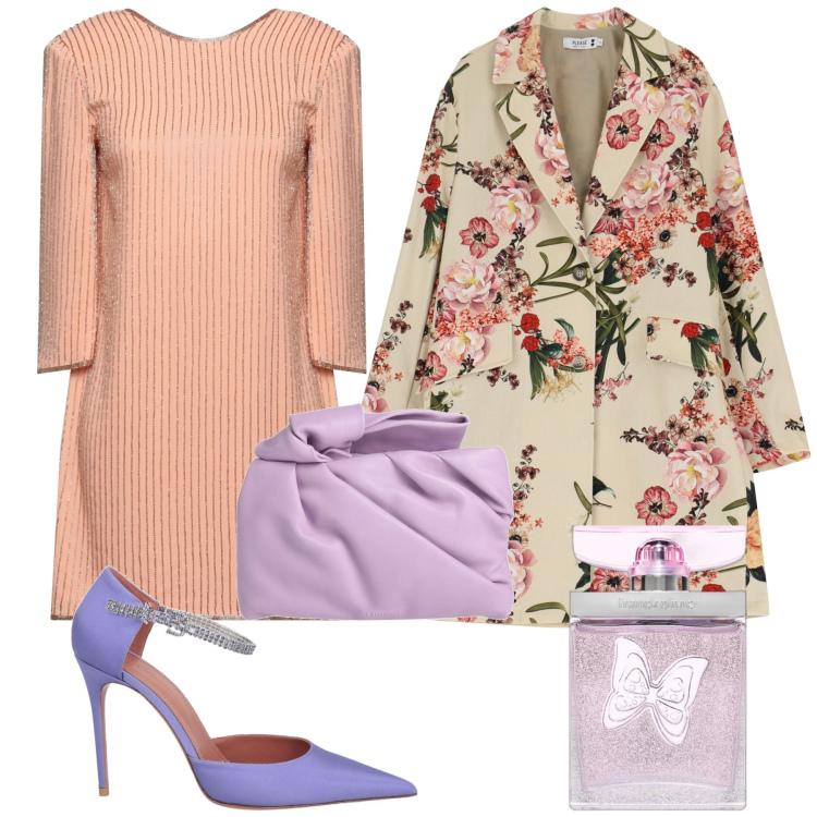 Outfit donna - Cappottino a fiori. Stile Trendy per Tutti i giorni. Abbinamento con borse a mano, vestiti corti, décolleté, profumi, trench.