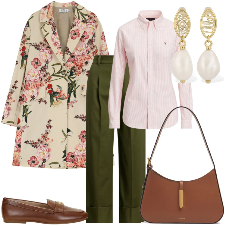 Outfit donna - Un pomeriggio dalla zia. Stile Casual chic per Tutti i giorni. Abbinamento con trench, mocassini, camicie, pantaloni, orecchini, borse a spalla.