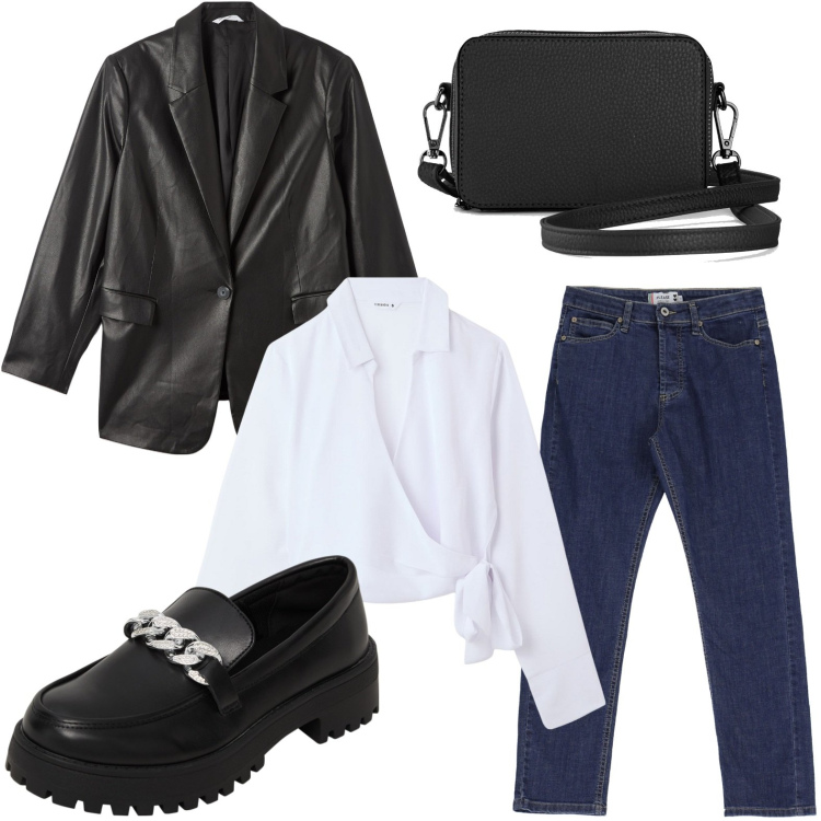 Outfit donna - Blazer skin. Stile Glamour per Serata fuori. Abbinamento con borse a tracolla, camicie, blazer, mocassini, jeans dritti.