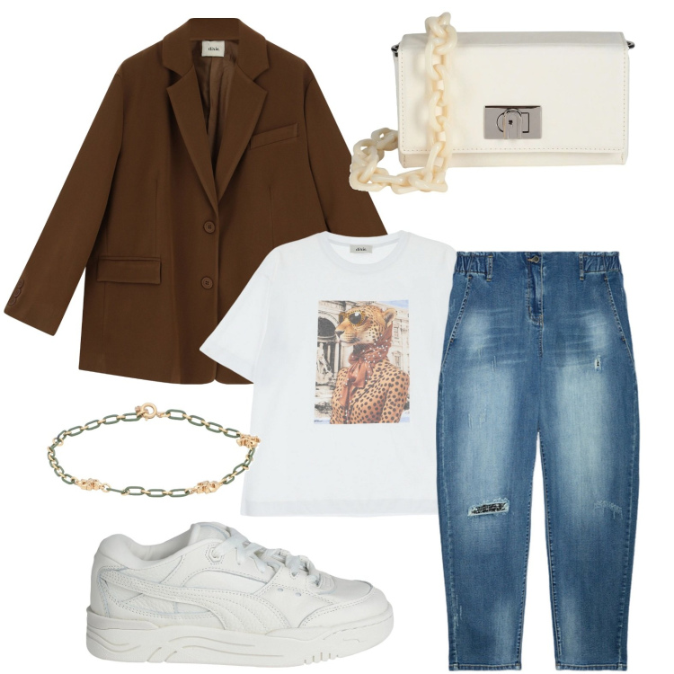 Outfit donna - T-shirt poster. Stile Casual per Tutti i giorni. Abbinamento con sneakers, borse a spalla, braccialetti, t-shirt, blazer, jeans dritti.