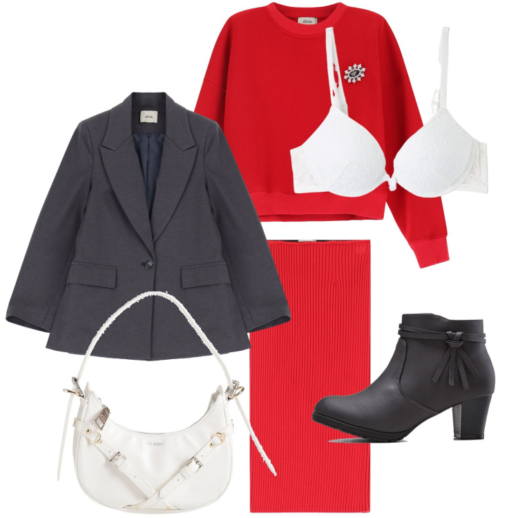 Outfit donna - Gonna midi. Stile Basic per Tutti i giorni. Abbinamento con stivaletti, borse a mano, reggiseni, gonne, blazer, felpe.