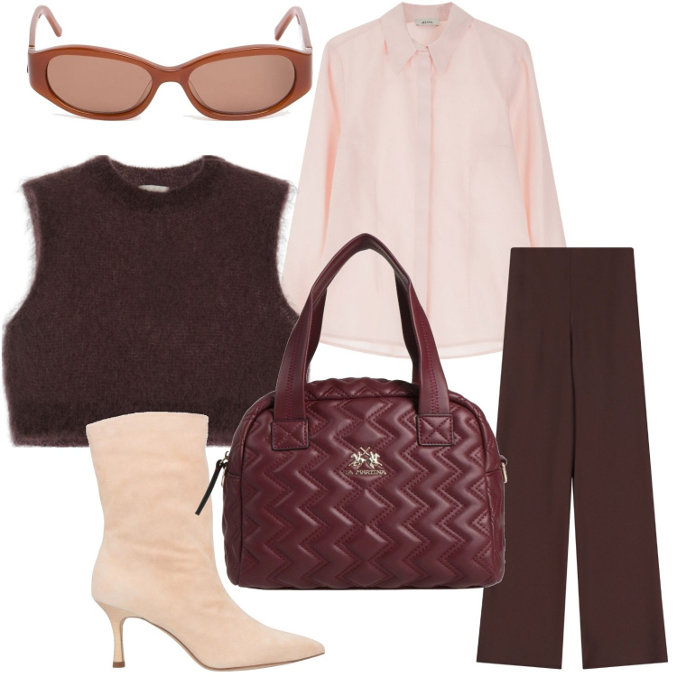 Outfit donna - Glamour. Stile Bon Ton per Ufficio. Abbinamento con stivaletti, borse a mano, pantaloni, camicie, gilet, occhiali da sole.