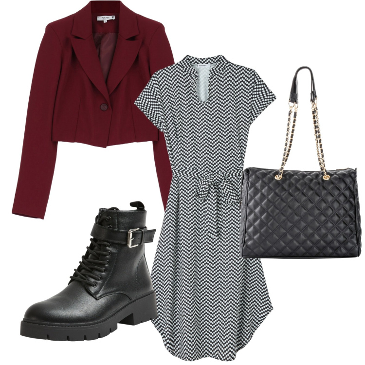 Outfit donna - Il vestito midi. Stile Basic per Tutti i giorni. Abbinamento con shopping bag, vestiti midi/longuette, anfibi, blazer.