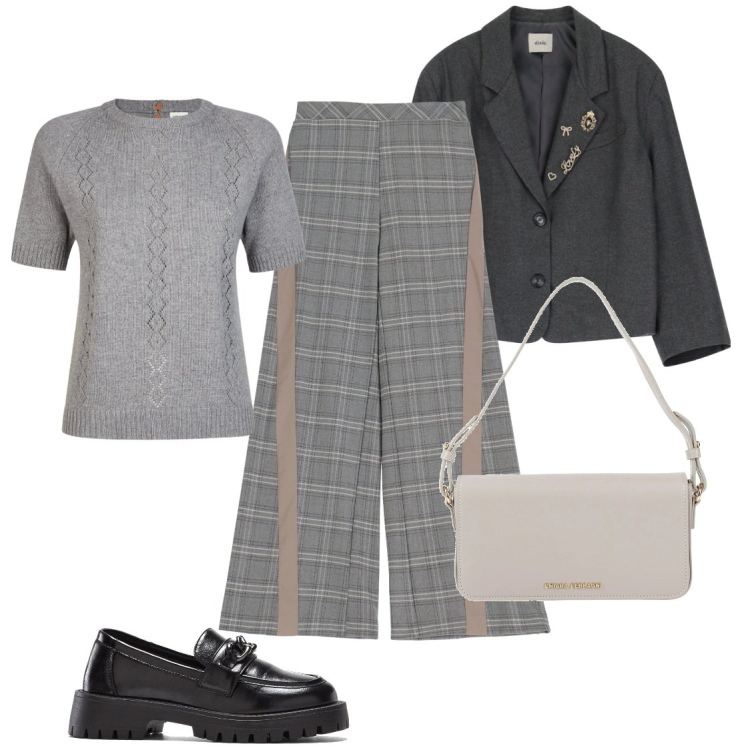 Outfit donna - Ufficio. Stile Casual per Ufficio. Abbinamento con mocassini, borse a mano, pantaloni a palazzo, blazer, maglieria.