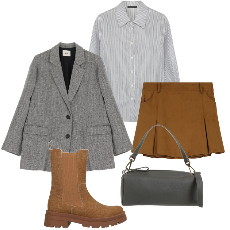 Outfit donna - Preppy style. Stile Preppy per Scuola/Università. Abbinamento con borse a spalla, stivaletti chelsea, minigonne, blazer, camicie.
