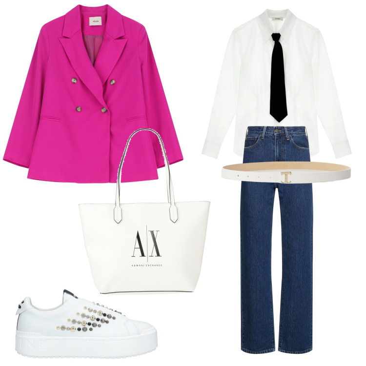Outfit donna - Casual chic. Stile Casual chic per Serata fuori. Abbinamento con sneakers, borse a spalla, cinture, blazer, camicie, jeans dritti.