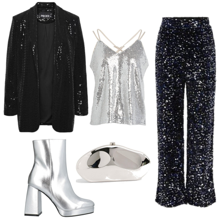 Outfit femme - Soirée Disco. Style 70s pour Soirée dehors. Assortir avec blazers, pantalon large en bas, hauts, pochette, bottines.
