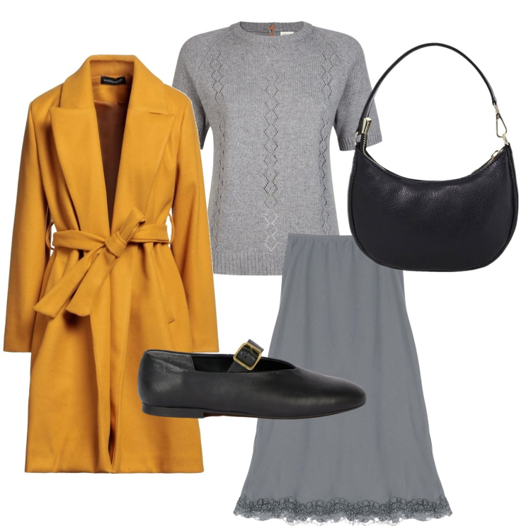 Outfit donna - Il cappotto arancione. Stile Basic per Ufficio. Abbinamento con cappotti, gonne longuette, borse a spalla, maglieria, ballerine.
