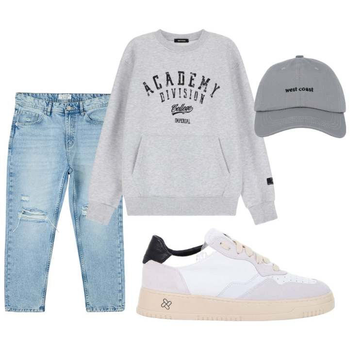 Outfit uomo - Total look #2068254. Stile Casual per Tutti i giorni. Abbinamento con jeans strappati, cappelli con visiera, sneakers, felpe.