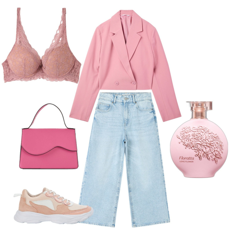 Outfit donna - Un\'uscita con le amiche. Abbinamento con borse a tracolla, profumi, blazer, sneakers, reggiseni, jeans.