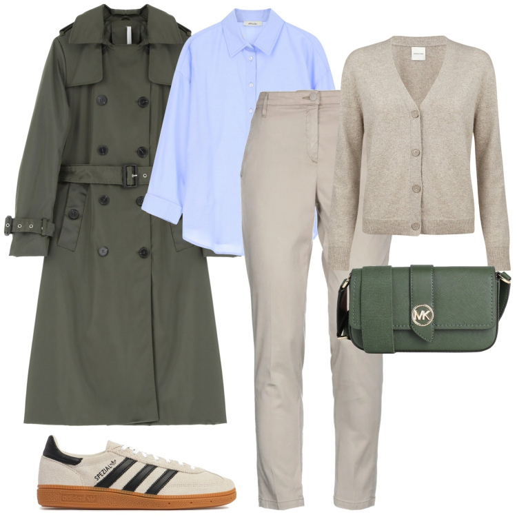Outfit donna - Early spring. Stile Casual chic per Tutti i giorni. Abbinamento con borse a tracolla, pantaloni, trench, camicie, cardigans, sneakers.