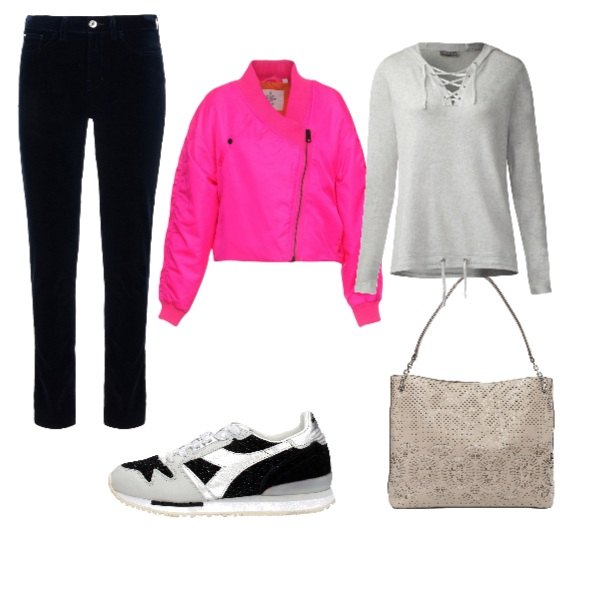 Outfit donna - Urban. Stile Basic per Tutti i giorni. Abbinamento con pantaloni, giubbotto collo tondo a maniche lunghe con zip interno imbottito in tessuto tecnico tinta unita, borsa a mano traforato taglia media doppio manico interno foderato tinta unita, sneakers glitter in pelle con logo frontale nero e grigio e argento, felpa con cappuccio.