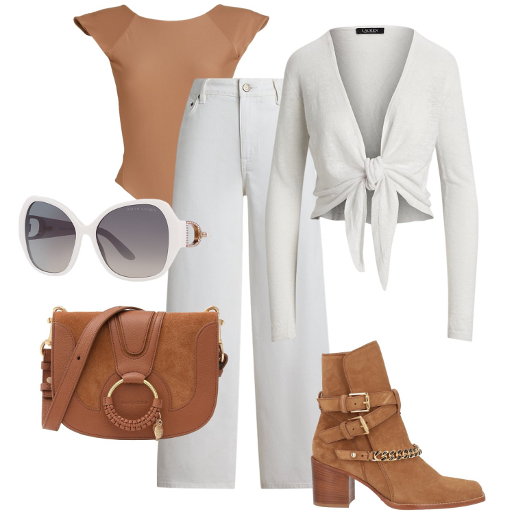 Outfit donna - Primavera basica con classe. Stile Basic per Tutti i giorni. Abbinamento con body, stivaletti, borse a tracolla, occhiali da sole, jeans, cardigans.