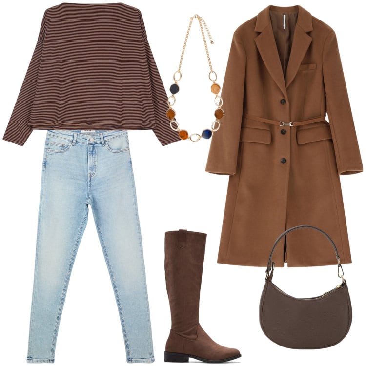 Outfit donna - Cena fuori con amici. Stile Casual chic per Tutti i giorni. Abbinamento con stivali, jeans skinny, cappotti, maglieria, borse a spalla, collane.