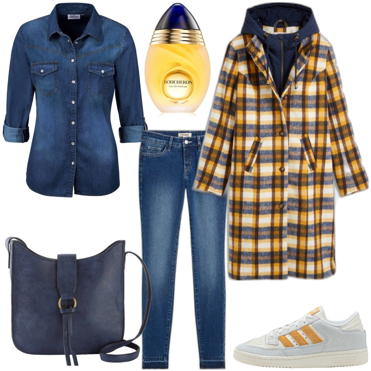 Outfit donna - Denim e quadri. Stile Casual per Tutti i giorni. Abbinamento con sneakers, camicie, jeans skinny, cappotti, borse a tracolla, profumi.