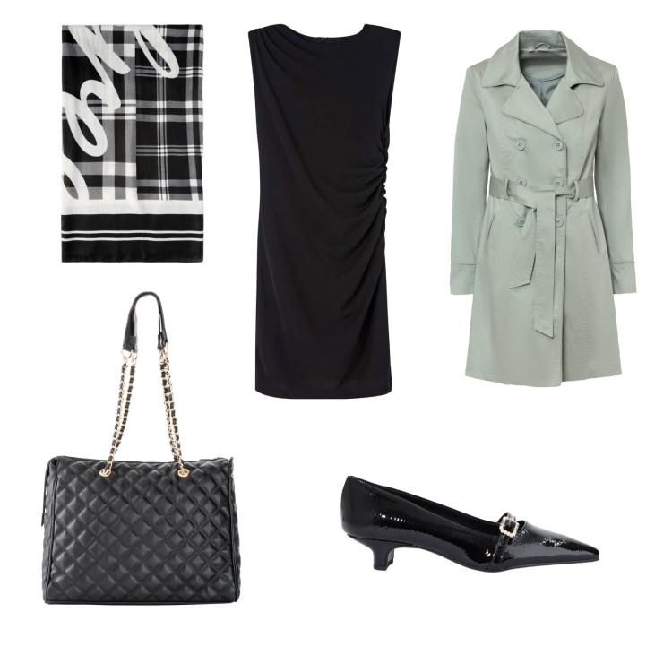 Outfit donna - Total look #2068289. Stile Glamour per Tutti i giorni. Abbinamento con shopping bag, trench, vestiti a tubino, ballerine, sciarpe.