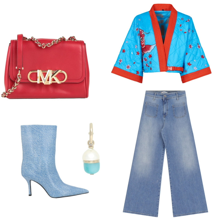 Outfit donna - Total look #2068298. Stile Casual chic per Serata fuori. Abbinamento con stivaletti, borse a tracolla, orecchini, jeans, kimono.