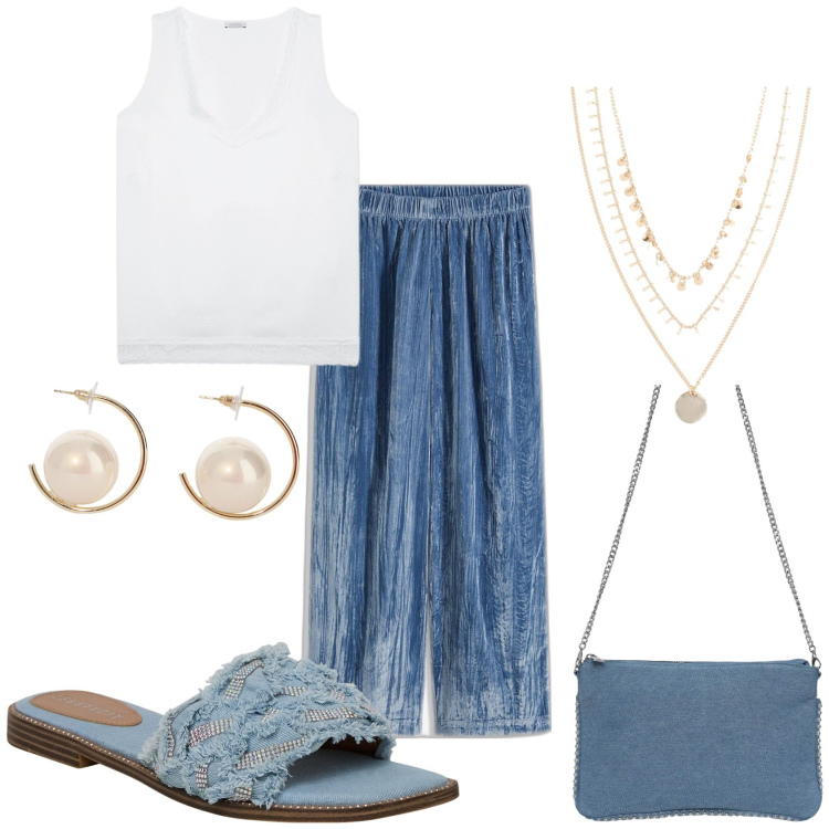 Outfit donna - Etnico chic. Stile Etnico per Tutti i giorni. Abbinamento con collane, pantaloni, borse a tracolla, ciabatte, orecchini, top.